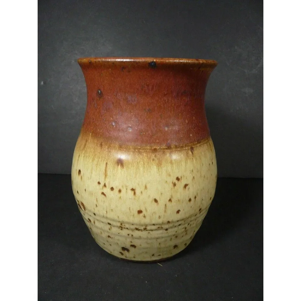 Vtg M. Jerry Studio Pottery Signed Stoneware Speckled Brown Tones Vase 6½